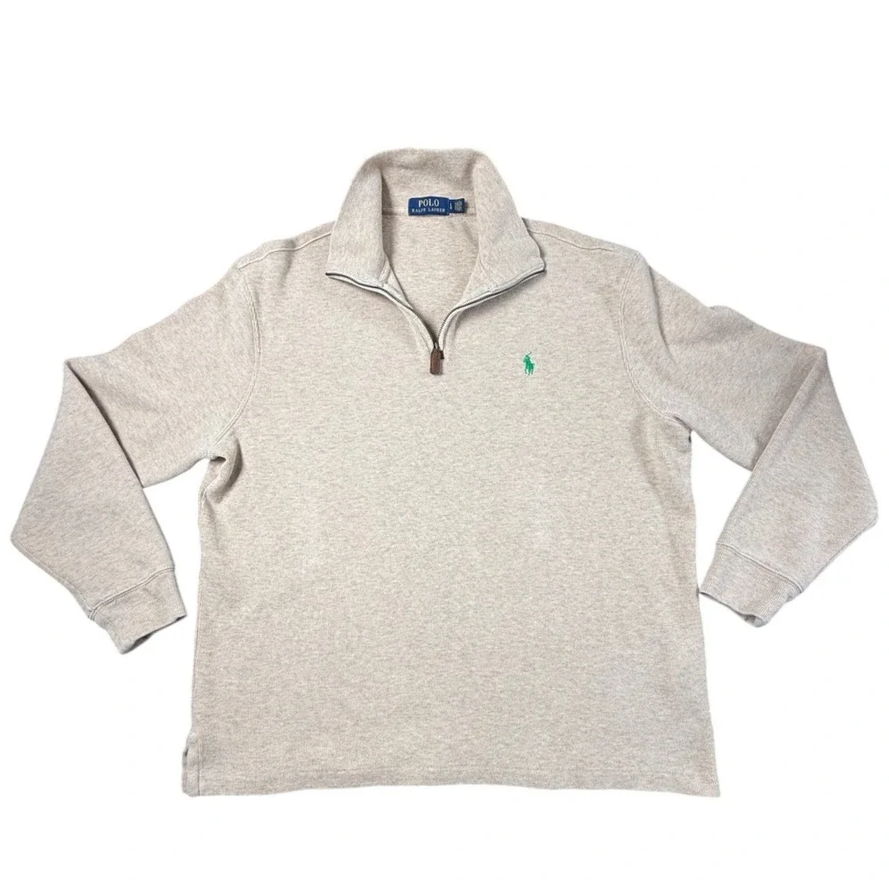 Polo Ralph Lauren Quarter Zip Pullover Mens Large Beige Excellent Leather Trim